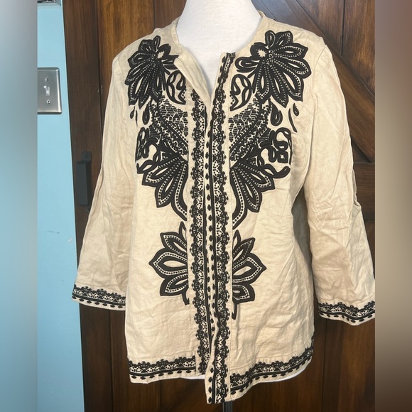 Chico's Jackets & Blazers - Chico's 3 Linen Cream Embroidered Bohemian Design 3/4 Sleeve Jacket Blazer NWT